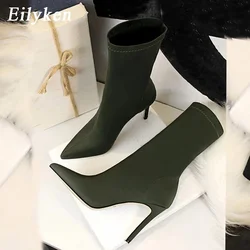 Eilyken 2024 New Fashion Stretch Fabric Women Ankle Boots Autumn Winter Female Pointed Toe Thin Heels Party Prom Socks Shoes