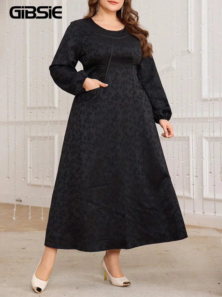 

GIBSIE плюс размер модное черное жаккардовое длинное платье с круглым вырезом женское элегантное платье трапециевидной формы с длинными рукавами-фонариками и карманами осень 2023 г.