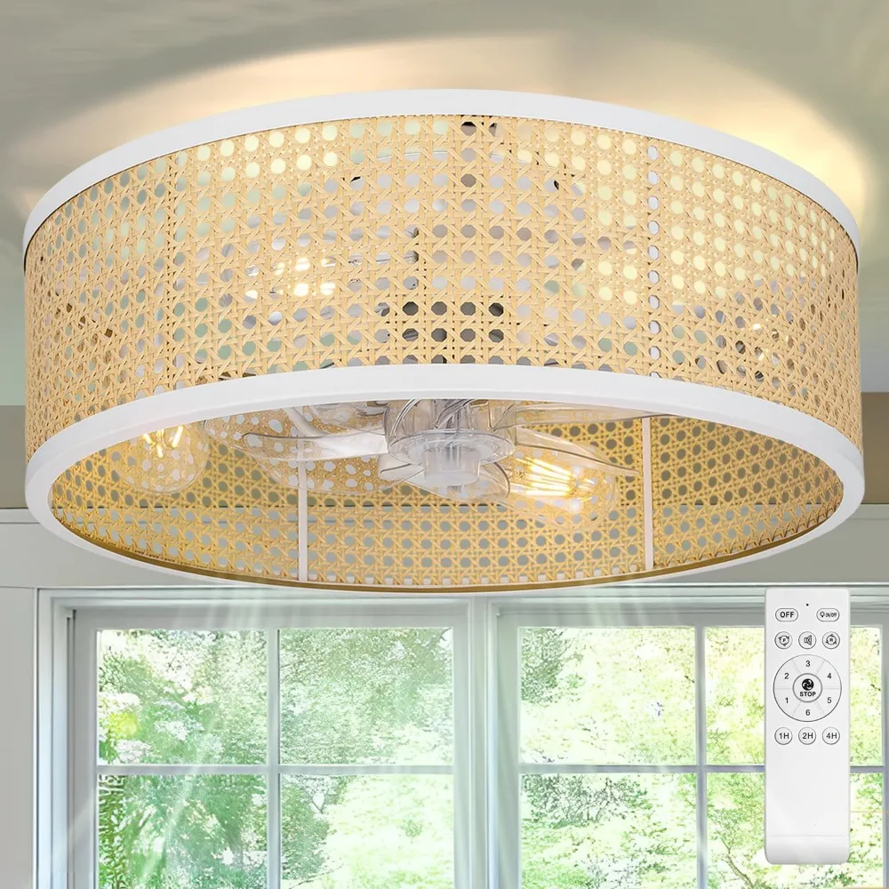 

20" Rattan Caged Ceiling Fan with Light & Remote Control, Flush Mount Boho Style Fandelier, Drum Shade, Bladeless/6 Speed/Timer/
