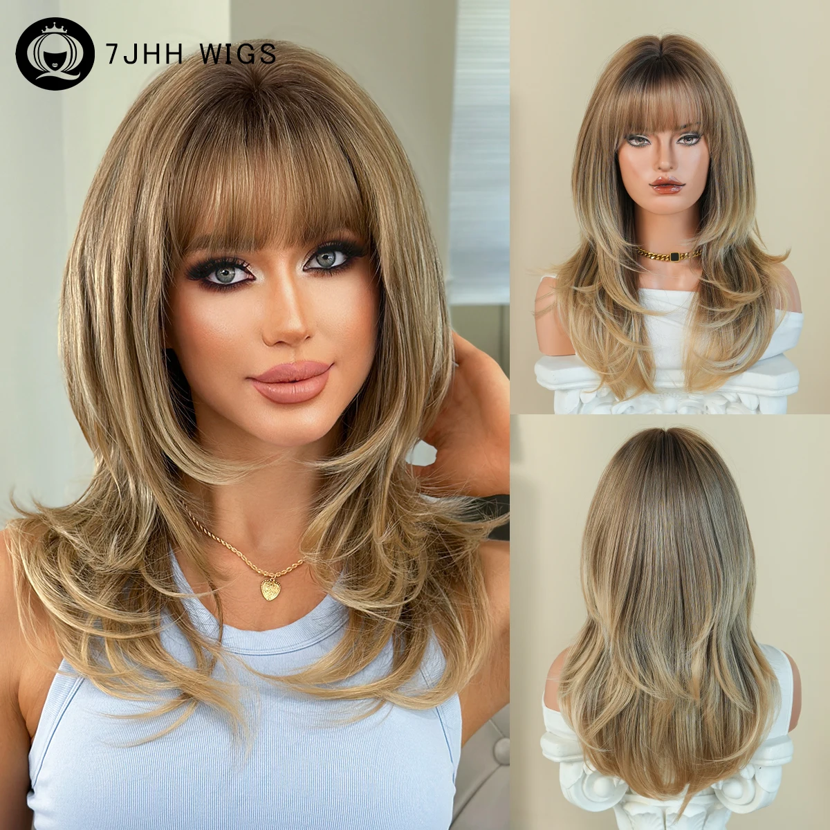 7JHH WIGS Lange, gerade, geschichtete braune Perücke für Damen, hochdichte synthetische, dezente, modische, hellgoldene Perücken mit dunklen Wurzeln