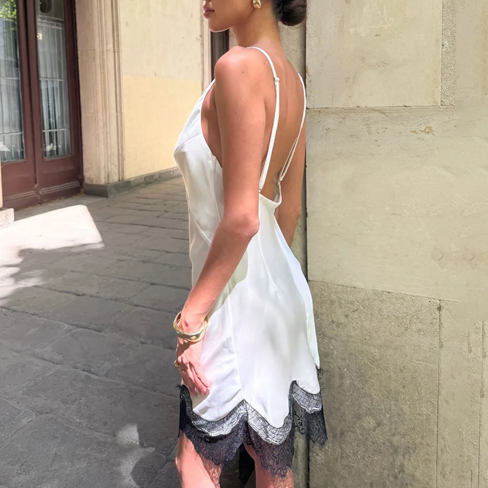 Blifanbo Mini abito patchwork in pizzo con cinturino per spaghetti per donna Scollo a V senza maniche Backless Sexy a vita alta Elegante abito da festa da club