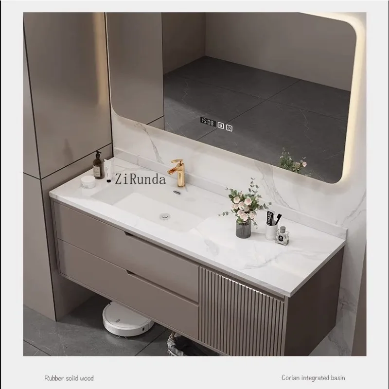 

Rock slab ceramic integrated seamless basin bathroom cabinet combination, solid wood hand washbasin cabinet, bathroom washbasin