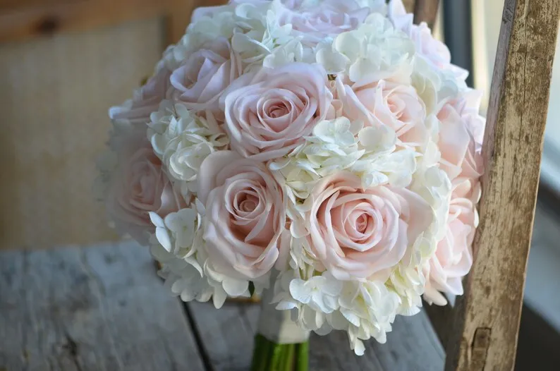 PEORCHID Faux Real Touch Pink And Ivory White Bridal Bouquet Roses Hydrangeas Rustic Silk Wedding Flowers bridesmaid bouquet