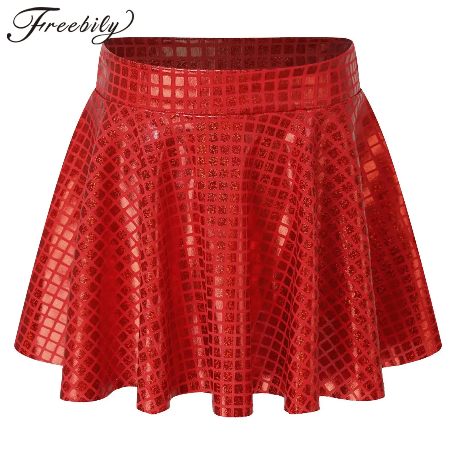 Womens Skirt Shiny Plaid Sequins Elastic Waistband Ruffled Mini Skirts for Cheerleading Jazz Dance Costumes Clubwear Streetwear