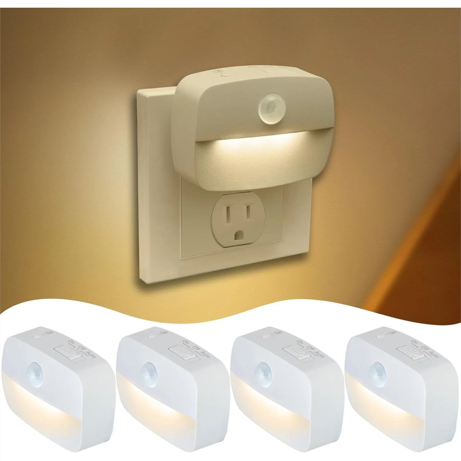 

Motion Sensor Night Light Plug in 4 Pack, Stepless Dimmable 10-60Lm, 3 Modes with Memory, Dusk to Dawn for Bedroom Toilet