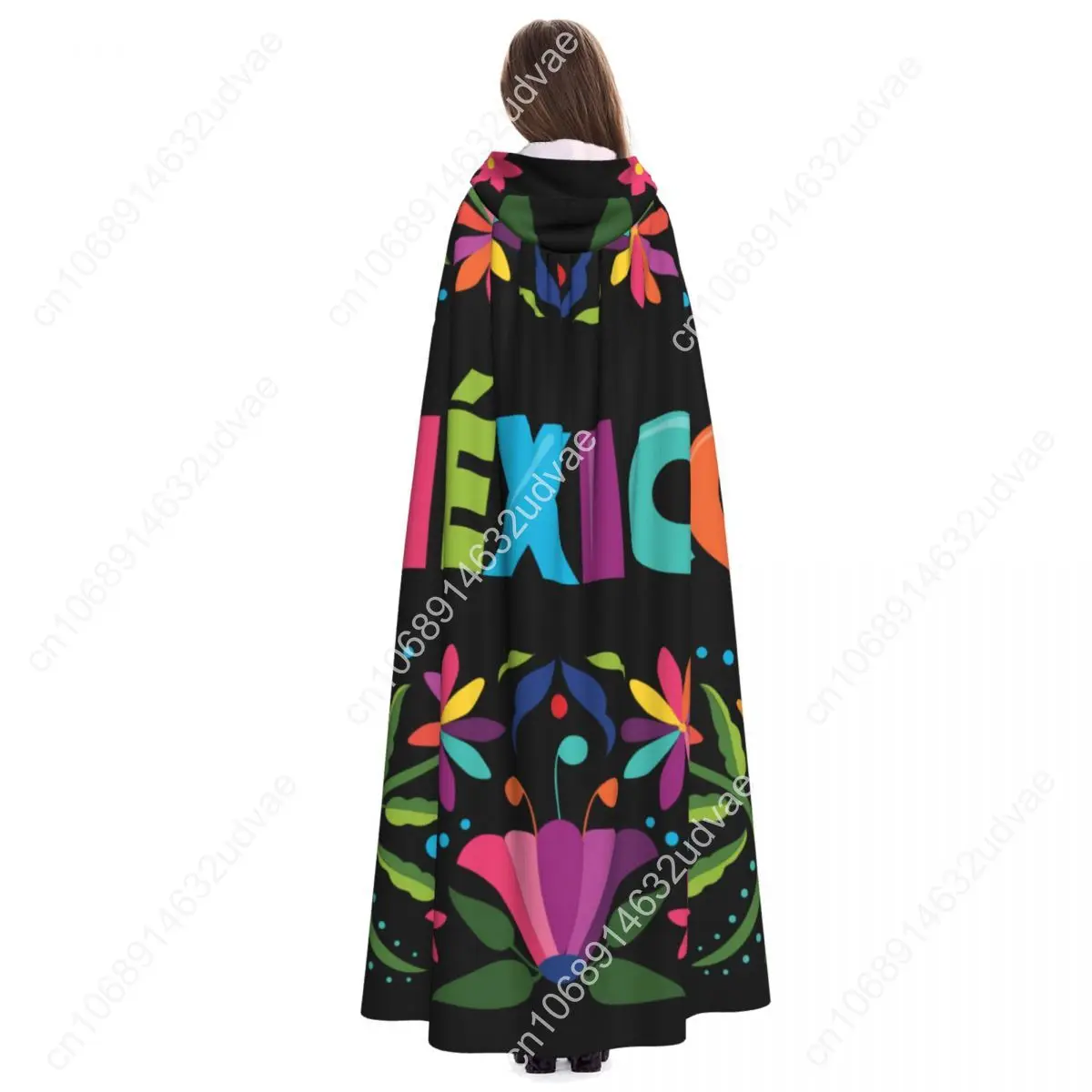 Colorful Mexican Traditional Pattern Hooded Cloak Polyester Unisex Witch Cape Costume Accessory