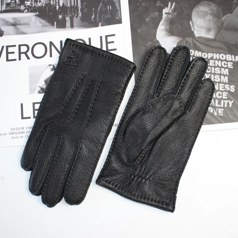 New Men's Deerskin Gloves Touch Screen Hand Sewn Classic Fashion Corrugated Breathable Wool Knit Lining Warm Driving Gloves