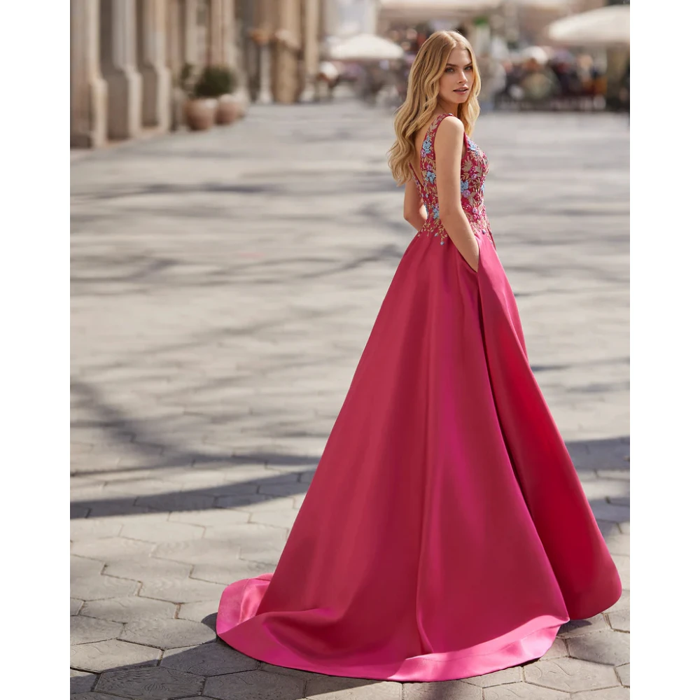 Exquisite Evening Dress Customized V-Neck A-Line Floor Length Fuchsia Prom Gown Satin Appliques with Pocket Evening Gown