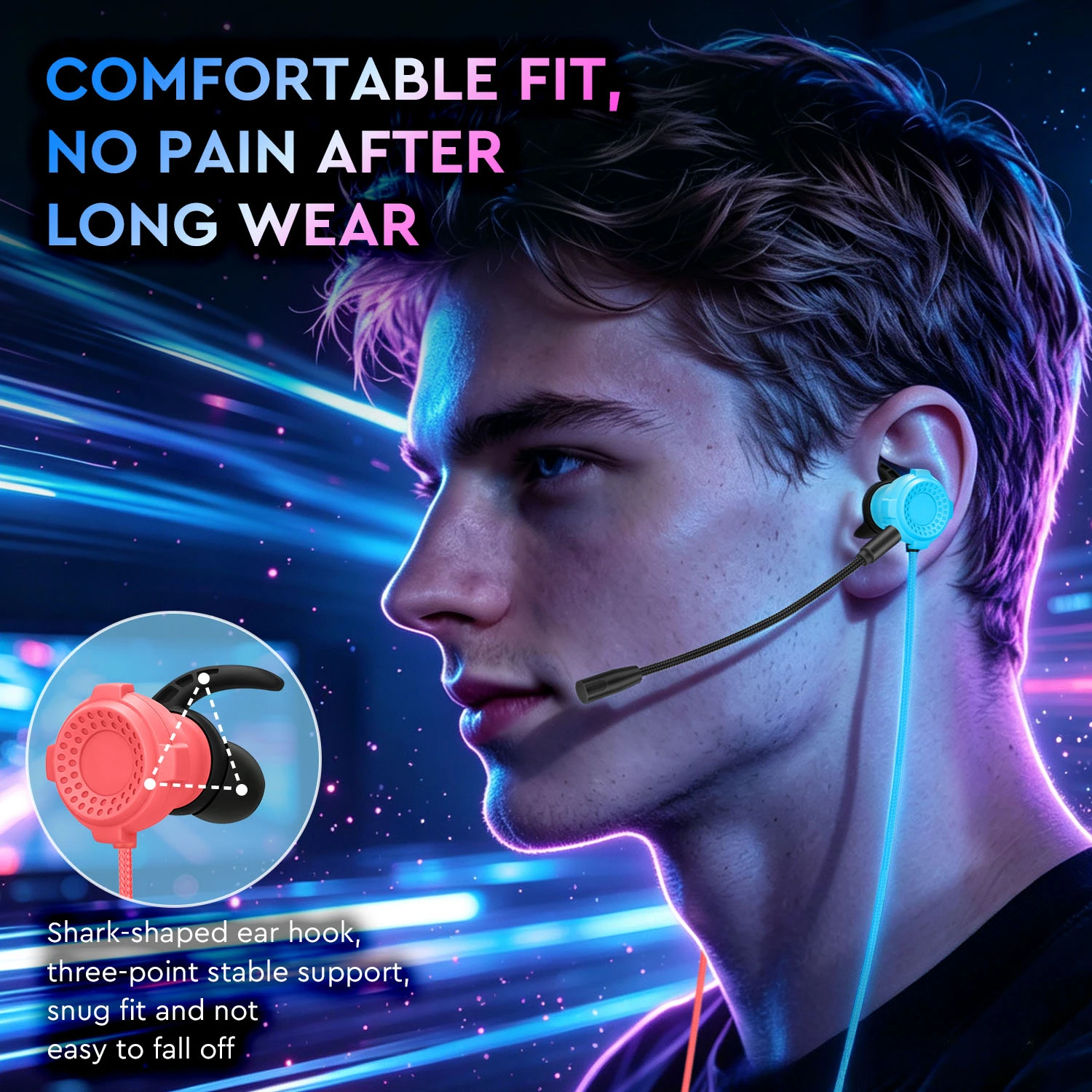 In-ear Wired Gaming Headset, Nylon Braided Cable, Detachable Long Mic, Sound Localization, 3.5mm & Type-C, for PC, Phone, Switch