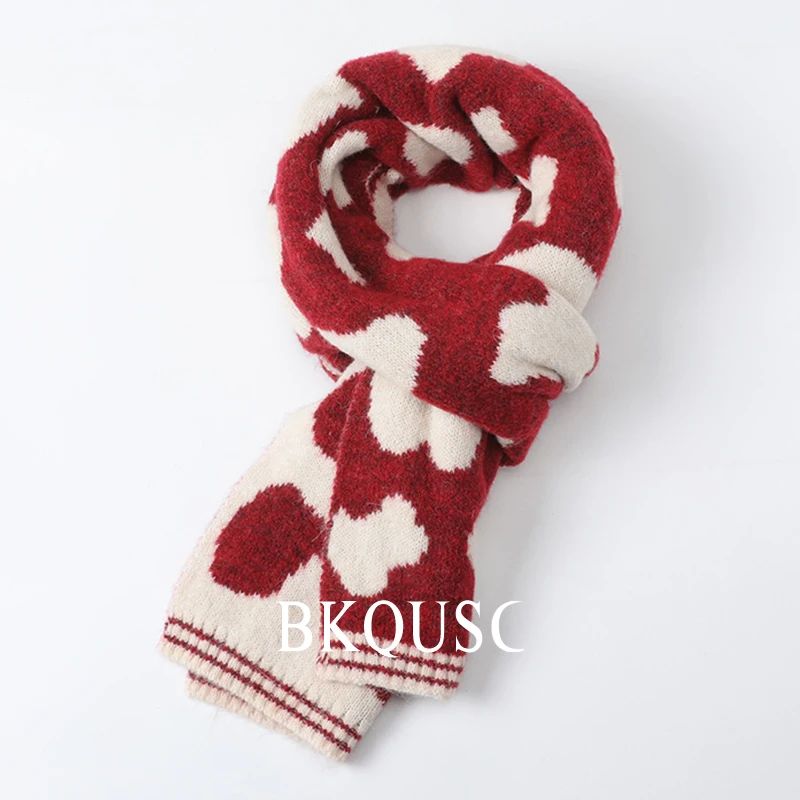 Women Christmas Gift Spotted Scarf for Girls New in Winter Warm Knitted Wool Scarves Female All-match Thickened Cute Red Scarf