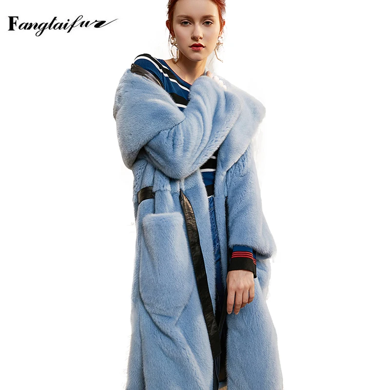 Ftangaiur Winter Female Import Velvet Mink Fur Coat Mink Coat Women Jacket With Fur Hood Belt X-Long Natural Real Mink Fur Coat