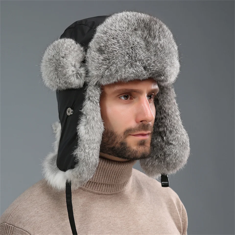 

Russia Ushanka Bomber Hats Pilot Trapper Trooper Hat Winter Real Rabbit Fur Earflap Men Snow Caps Unisex Windproof Fur Hat