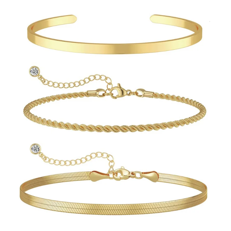 14K banhado a ouro inoxidável impermeável pulseira conjuntos para mulheres, corrente de cobra, cubano link, bracelete, pulseiras empilháveis para meninas, 3pcs