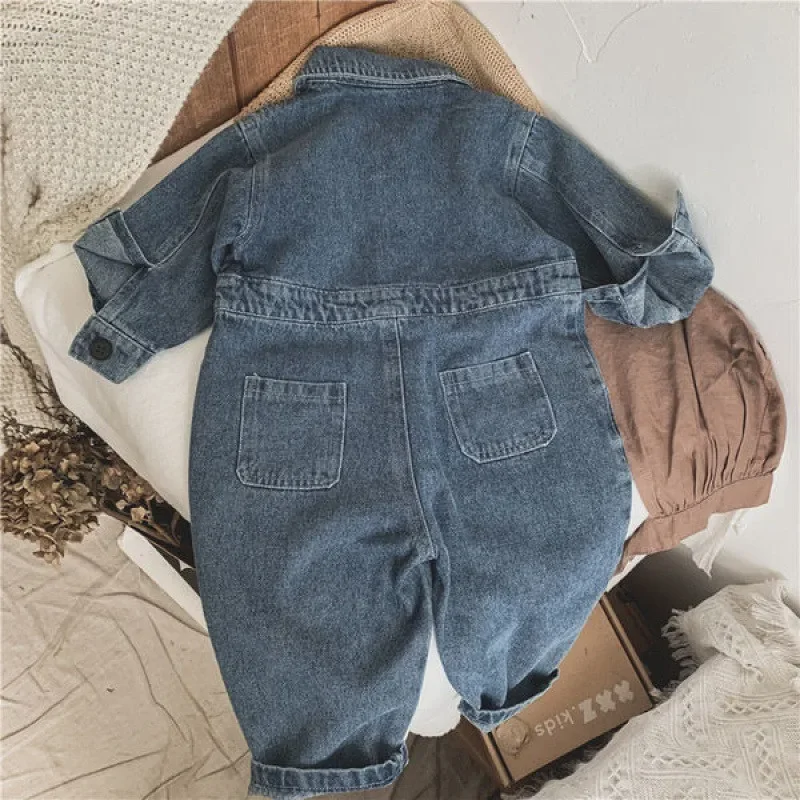 2024 Autumn Kids Baby Denim Romper Fashion Turn-Down Collar Long Sleeve Jumpsuit Boy Clothes Toddler Girls One-piece Onesie