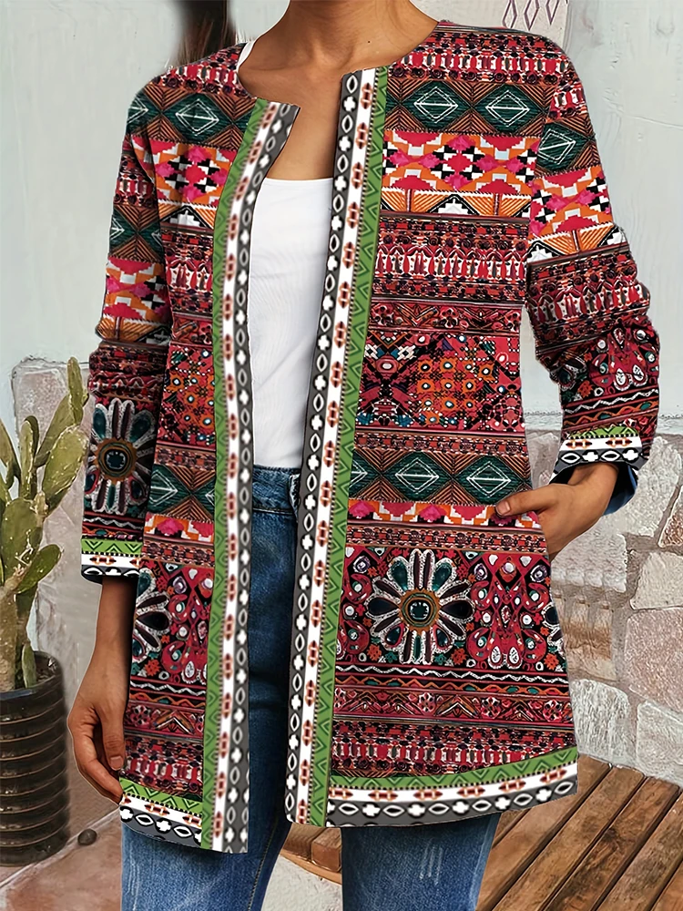 Plus Size Colorful Boho Floral Print Open Front Cardigan, Casual Loose Long Sleeve Lightweight Jacket with Pockets