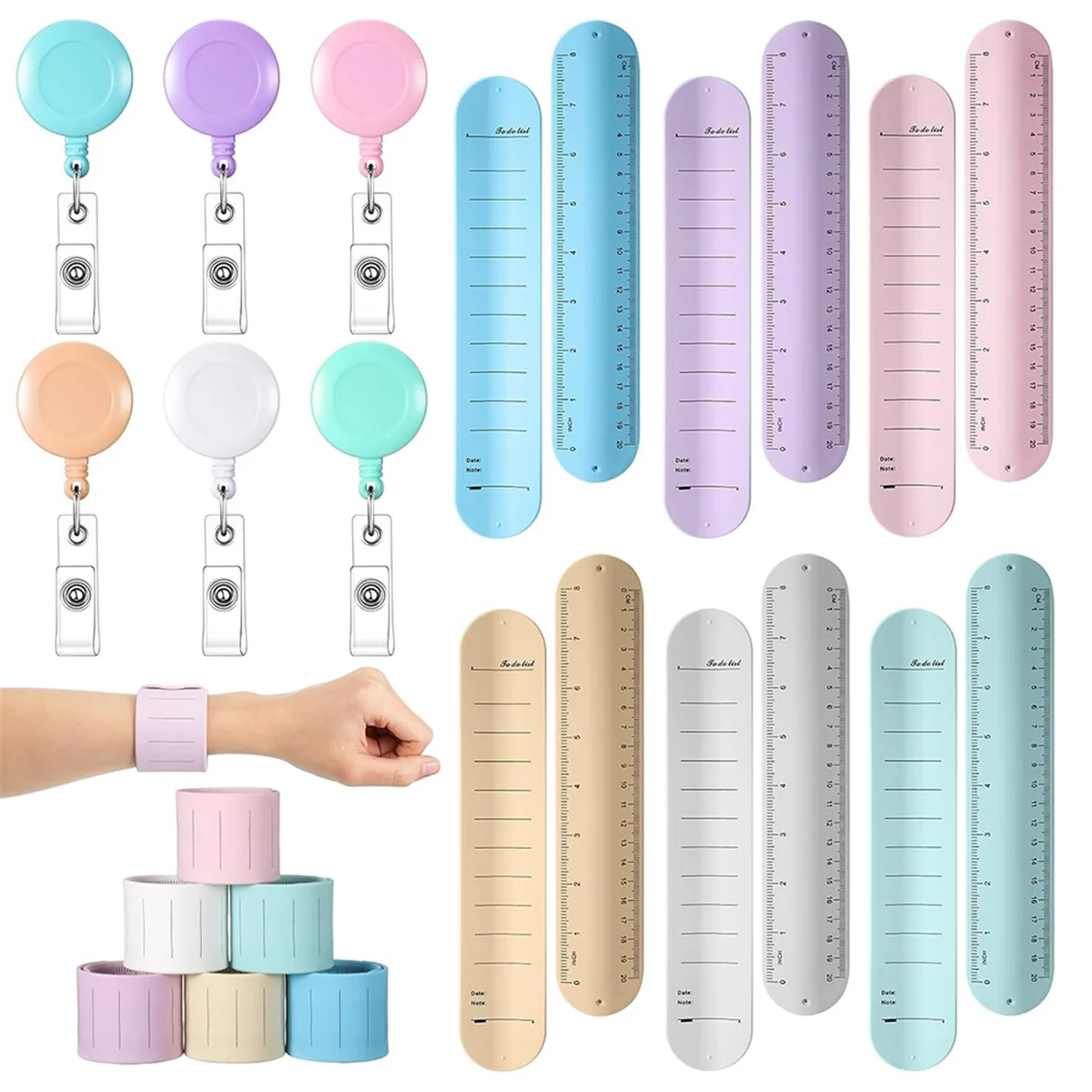 6 Sets Slap Silicone Reminder Bracelet and Retractable Badge Reel 9.4inch X 1.8inch Wrist Notepad Erasable Wristband