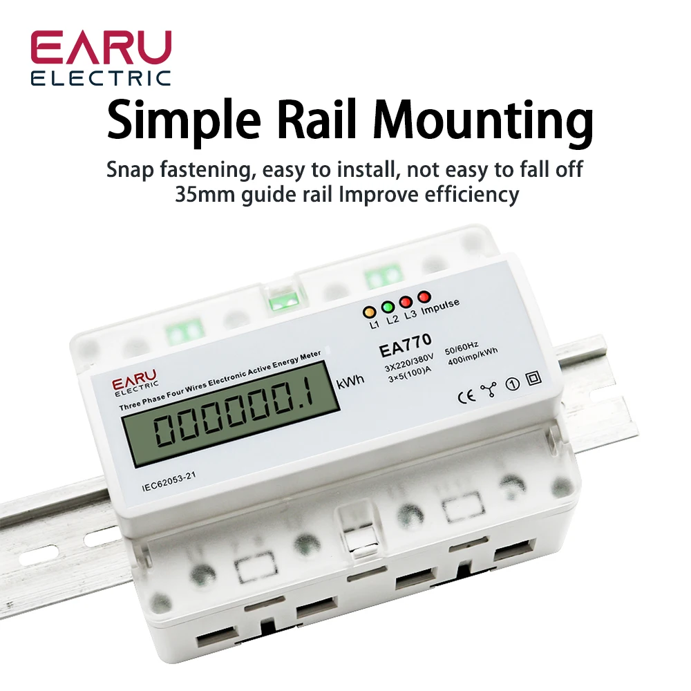 Three Phase Four Wires Eelectronic Active Energy Meter kWh Power Consumption Monitor DIN Rail 50/60Hz 3*5(100)A 3*220V/380V