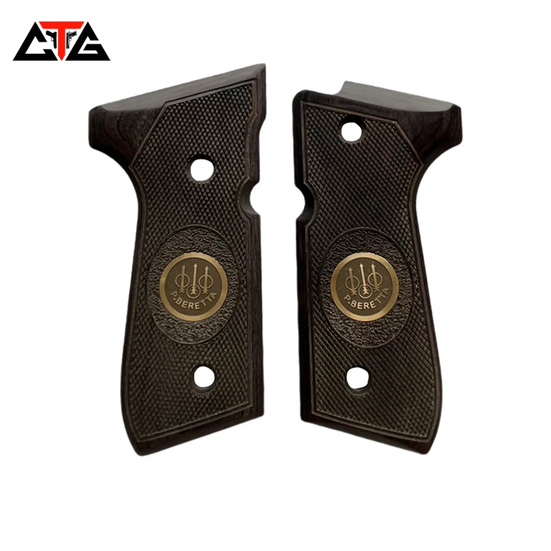 

CTG Beretta 92 fs grips walnut-colored diamond pattern wood with gold medaillon 92F