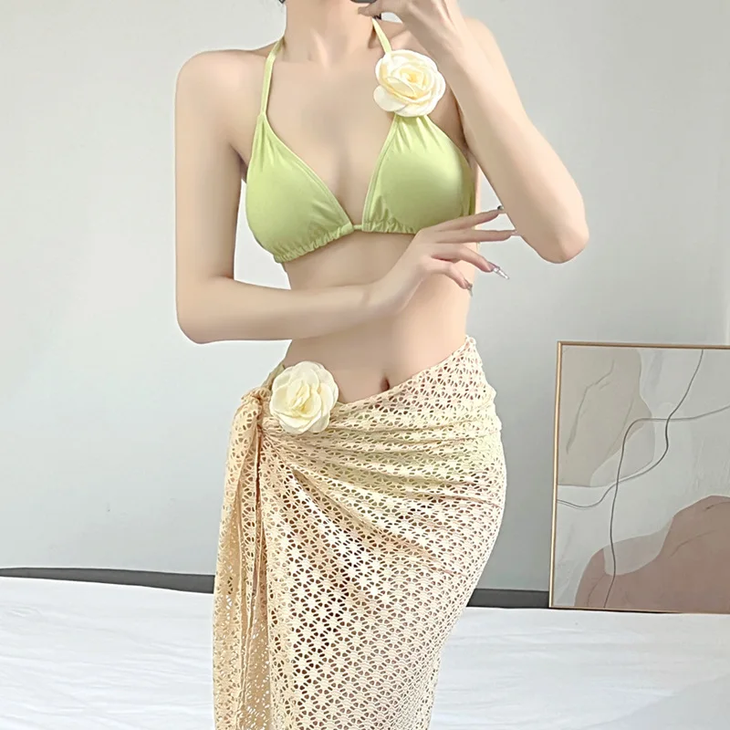 Sexy 3 Pieces 3d Flower Bikini with Cover Up Skirt 2025 Women Swimsuit Korean Swimwear Beach Wear Monokini Bathing Suit Green