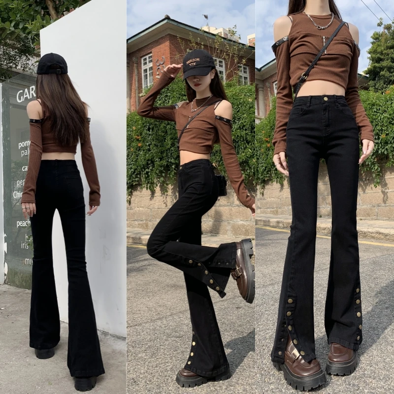 

High Waist Bell Bottom Pants Jeans Women's Spring Autumn Loose Slit Casual Flared Jeans Elastic Black Pants with Frayed Edges