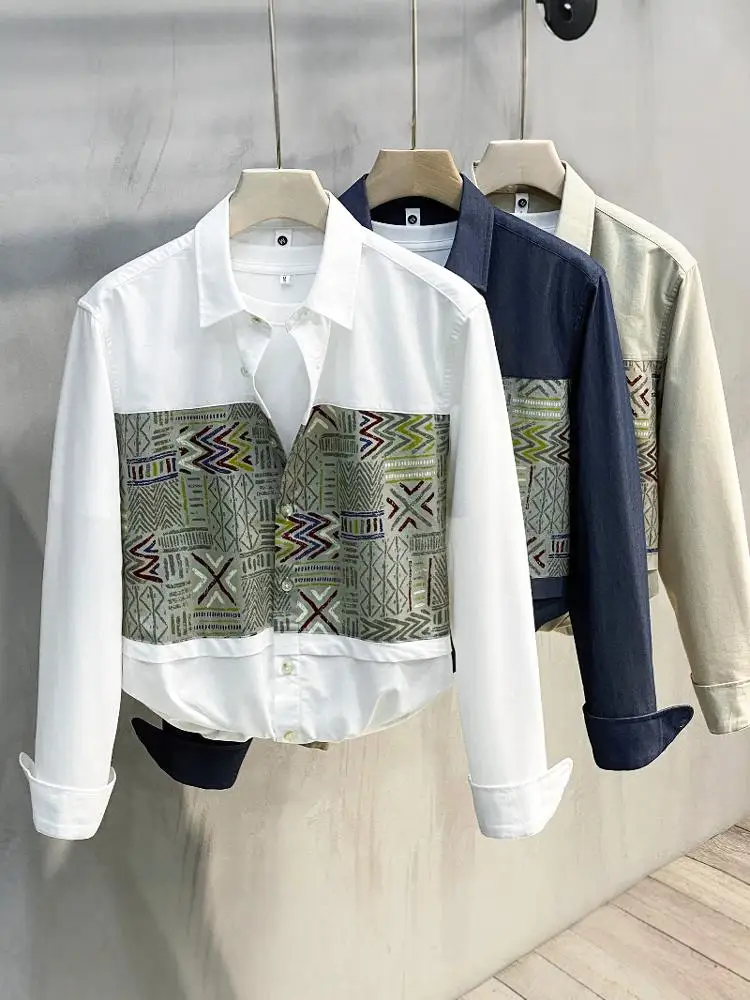 

Мужская повседневная рубашка-поло весна-осень 2024: модная, молодежная, с эффектом пэчворк, не требующая глажки