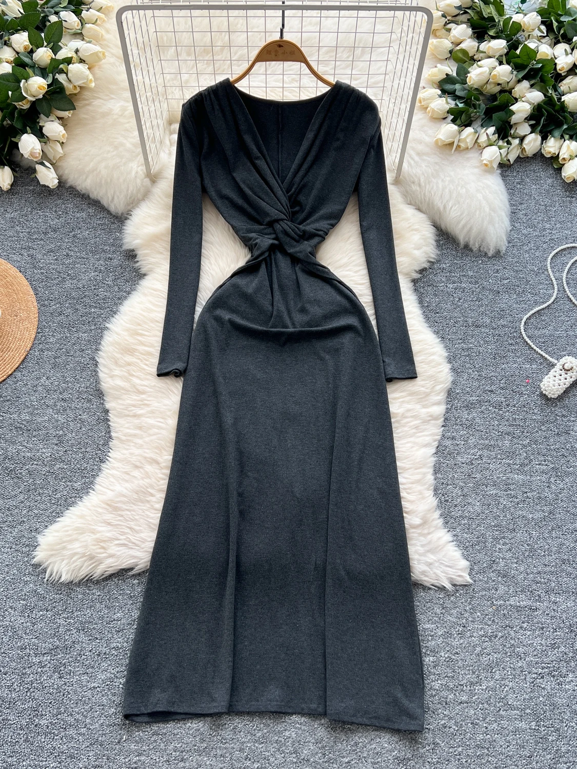 

Elegant Simple Crossed V-neck Kinked Waist Women Split Ends Slim Long Maxi Dress Formal Party Club
