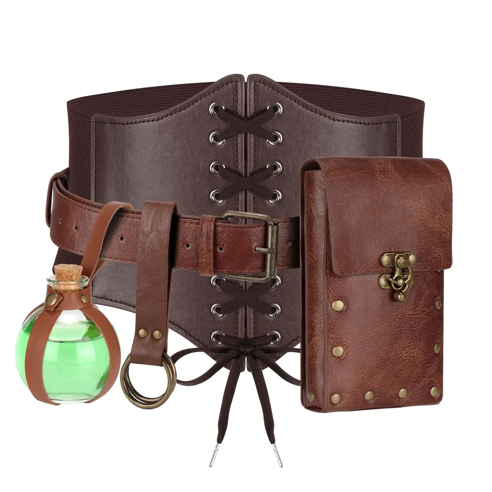 4pcs Vintage Leather Set  Corset Belts Waistband Fanny Pack Skirt Clip Magic Potion Bottle  Medieval Festival Costume Accessories