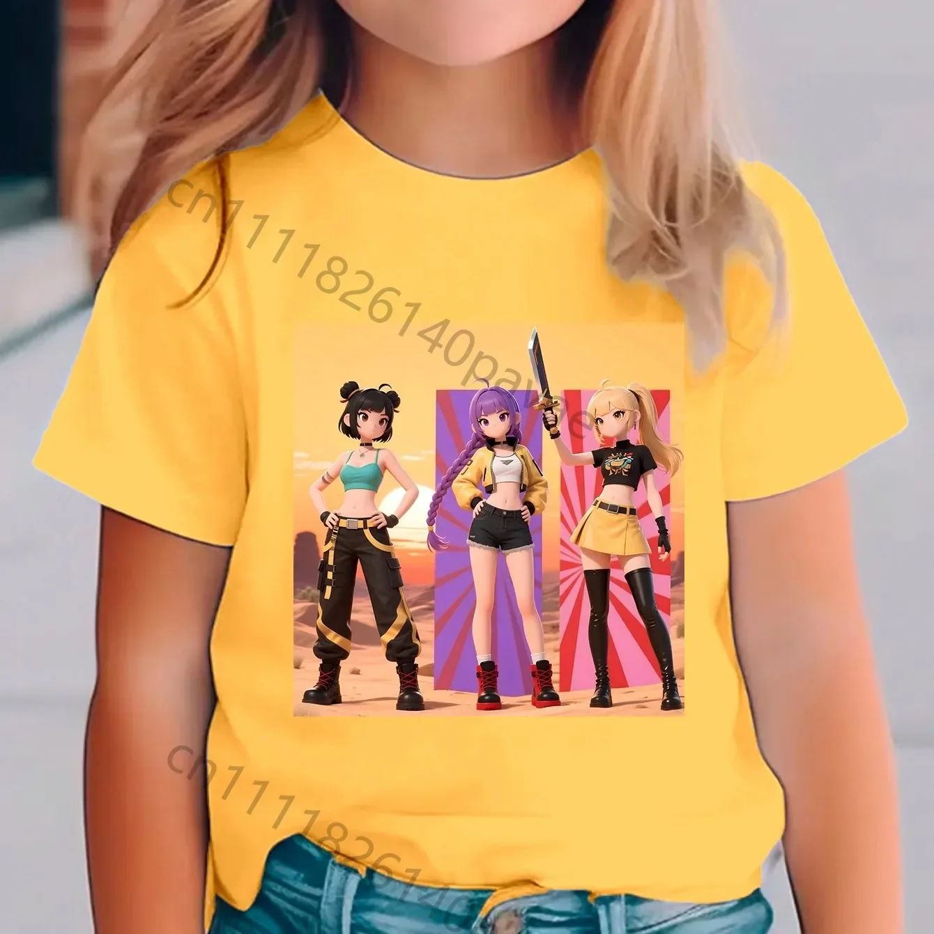 K-pop Anime Team T-shirt for Girls Featuring Three Cool Female Warrior Designs Soft Pure Cotton Short Sleeves