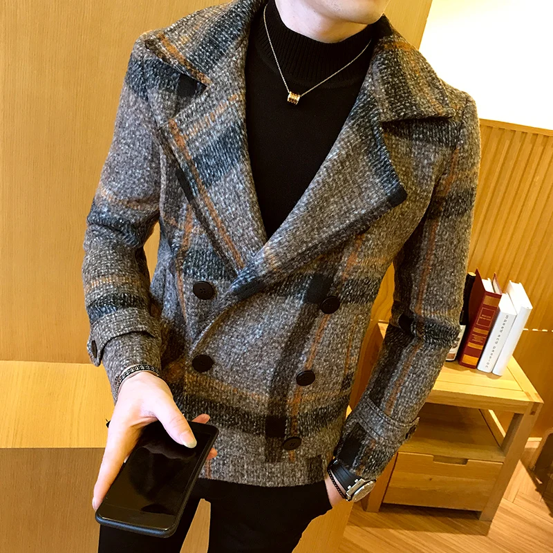 2022 Autumn Winter Mens Short Slim Fit Woolen Coat Double Breasted Design Casual Windbreaker Fashion Retro Trench Overcoat 5XL-M