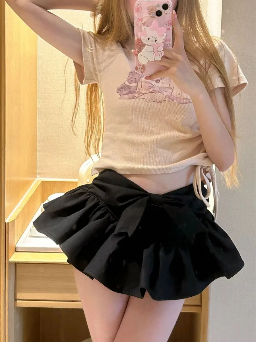 Butterfly Bow Puff Skirt - High Waist Ruffle Ballet Mini Skirt, Sweet Fluffy Tiered Skirt Girly Style Korean Popular Clothes