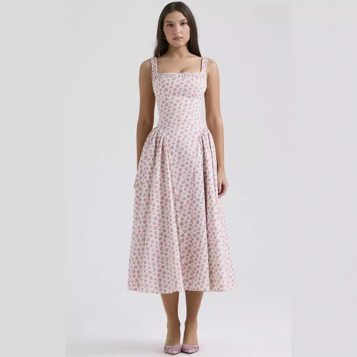 2024 Summer Fashion New Style Temperament Small Fragmented Flower Bohemian Vacation Style Strap Sexy Open Back Waist Dress