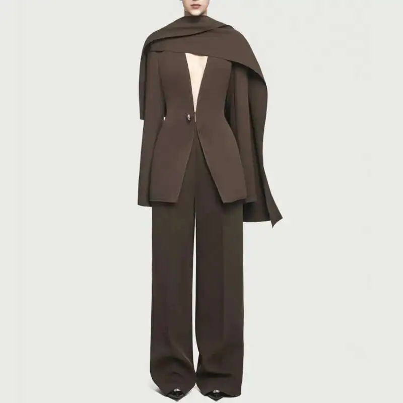 

VIBE Fashion Women's Two-piece Set Spliced Scarf Collar Metal Buckle Blazer Coat Straight Wide Leg Pants Sets 2025 New