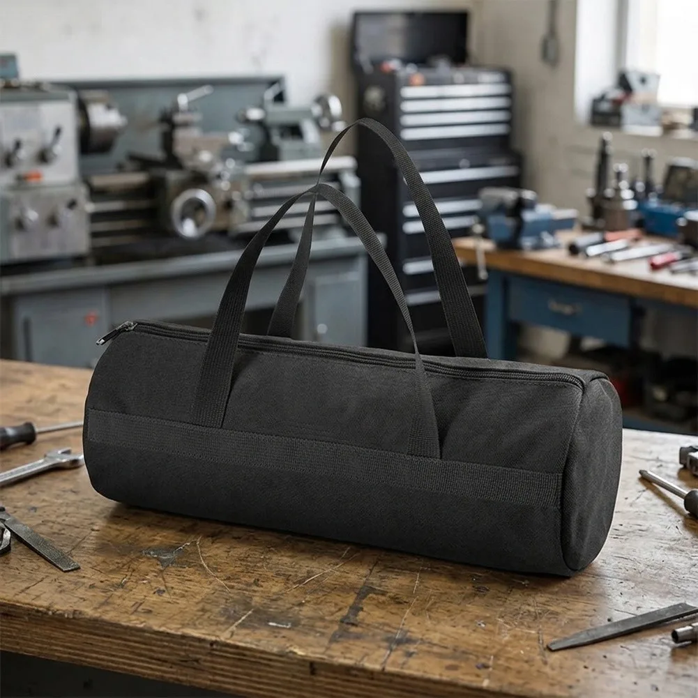 Black Heavy-Duty Canvas Tool Tote Bag With Zipper For Electrician Mechanic Repair Storage Pouch Small Portable Carry Case