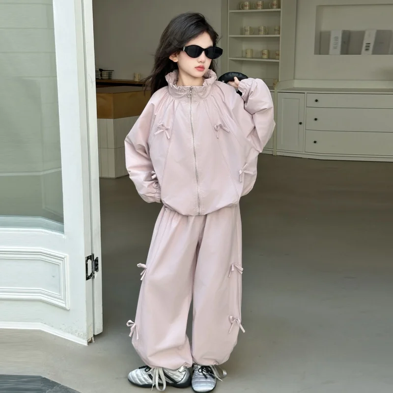 Teenager Girls Outfit Spring Autumn New Children Customes Solid Color Wear Kids Bowknot Top+ Loose Trousers 2 Pieces Suits 4