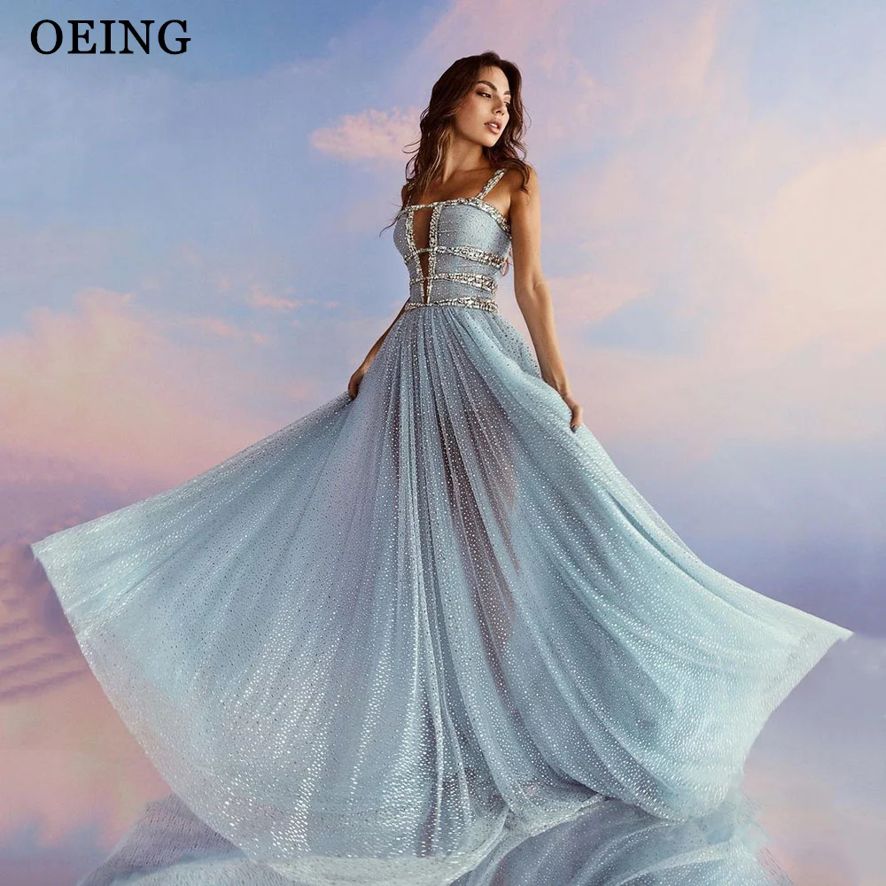 

OEING Sparkly Sky Blue A Line Evening Dresses Spaghetti Strap V Neck Shiny Floor Length Party Prom Gowns Party Formal Dress