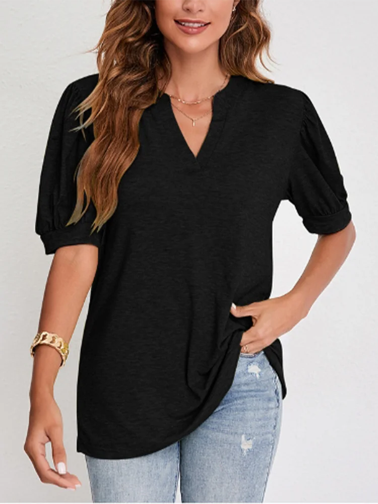 Casual V-neck Bubble Short Sleeved Solid Color Loose Women's T-shirt High Street Fashion Daily Commuting Style Summer Top