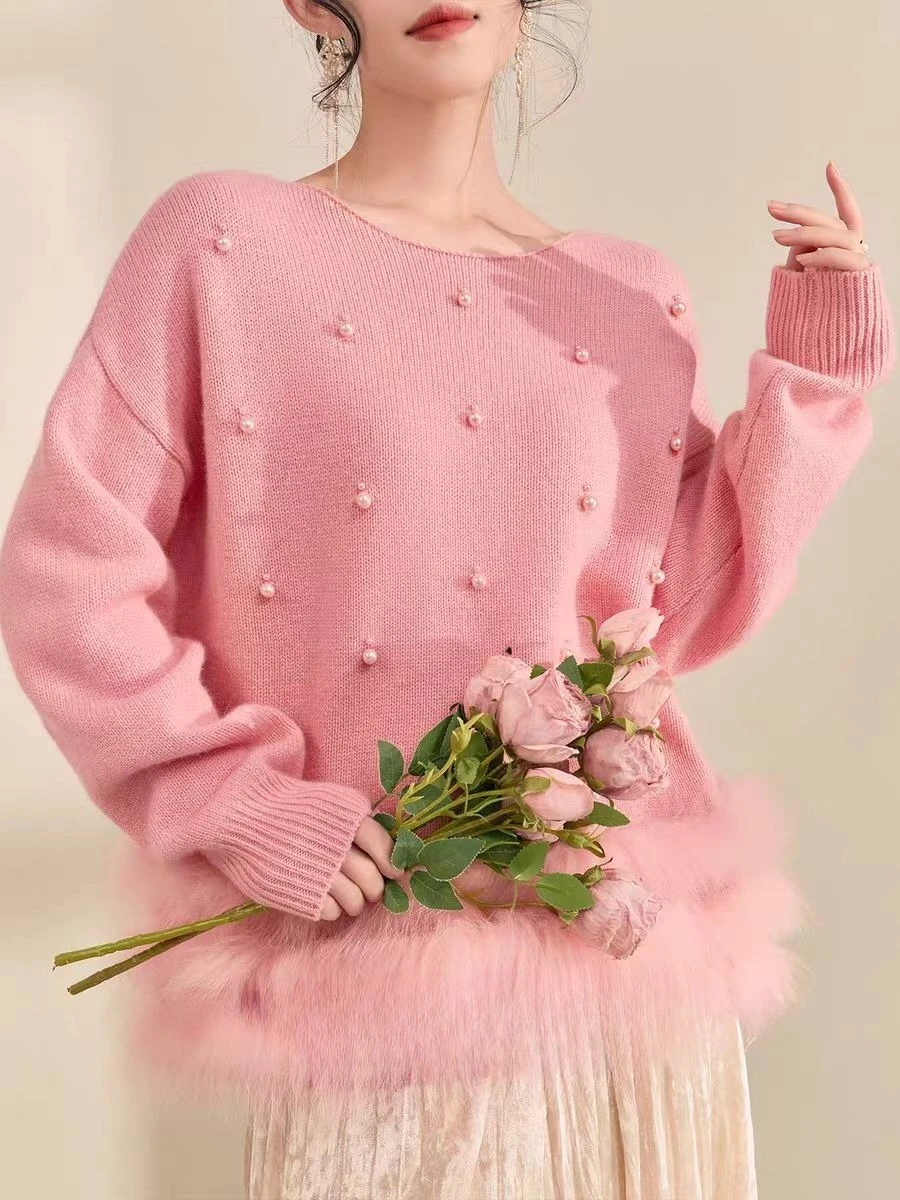 

Zekye Women's Christmas Sweater Turtleneck Women Crew Neck Thickened Light Luxury Bead Knitted Sweater Top Ladies Sweater