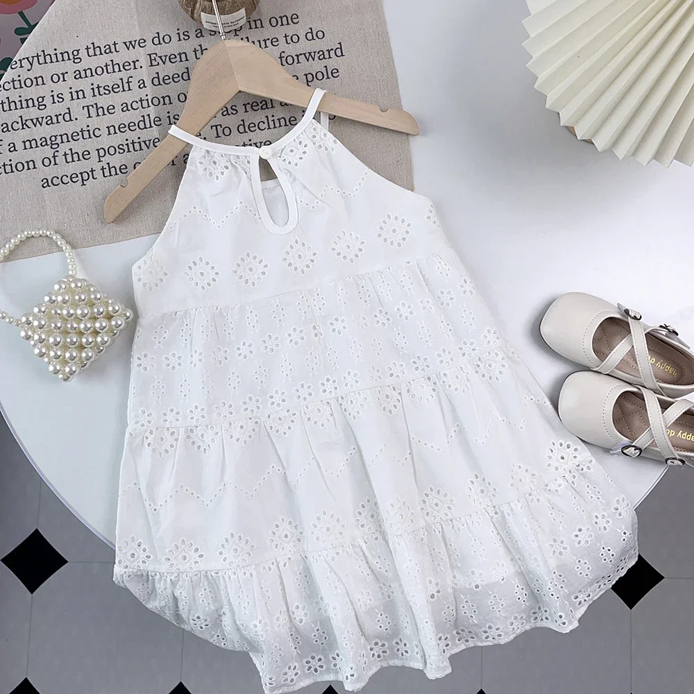 2-7-year-old Girls Summer Clothing Pure White Cotton Round Neck Hanging Neck Hollow Print Casual Dress Korean Version