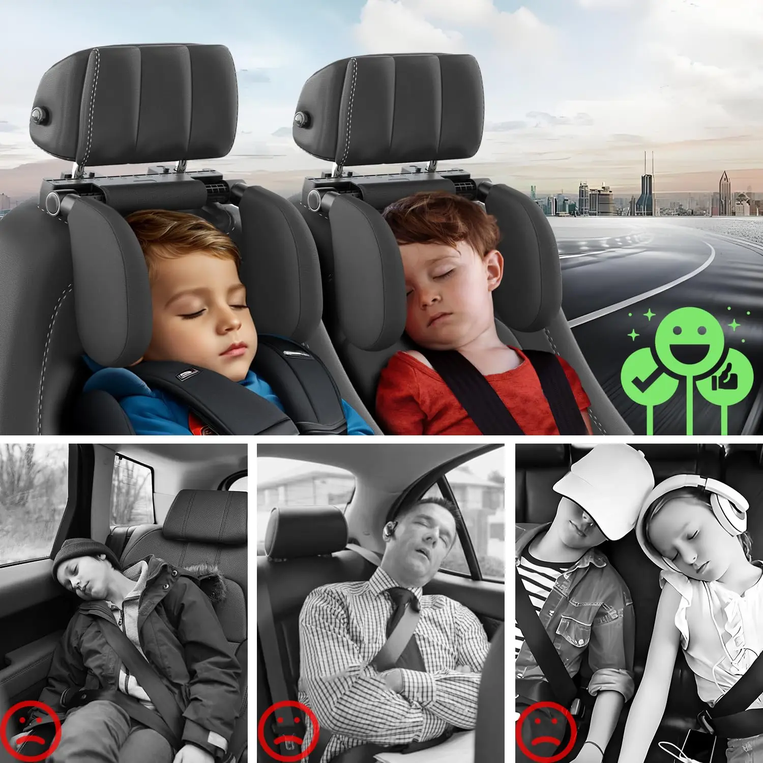 Image of Leder-Autokopfstütze, Kopfstützkissen, 7-22cm Verstellbare Installationsbreite 360° ° Winkelverstellbares Auto-Reise-Seitenkopfkissen mit Taschenhaken, nur kompatibel mit