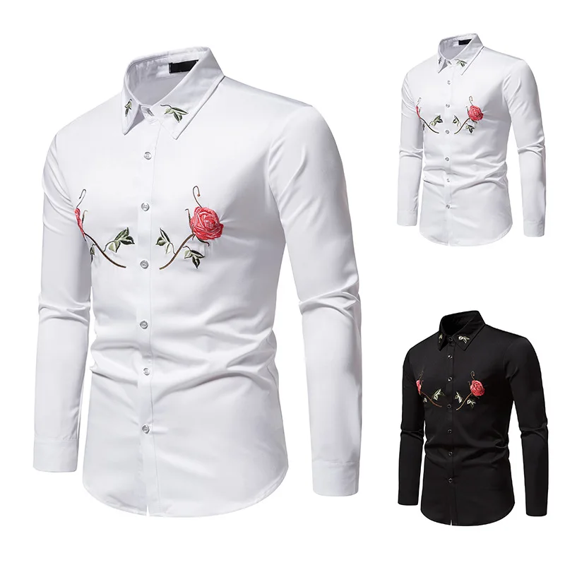 Spring and Summer New Men's Shirts Rose Embroidery Leisure Print Long Sleeved Shirt Top Trendy