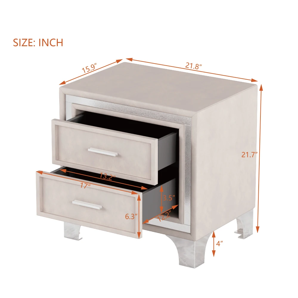 منضدة عتيقة لمنتصف القرن: لامعة فضية، أرجل معدنية، جانب سرير مخملي (درجين)، مجمعة باستثناء الأرجل/المقابض، وردي