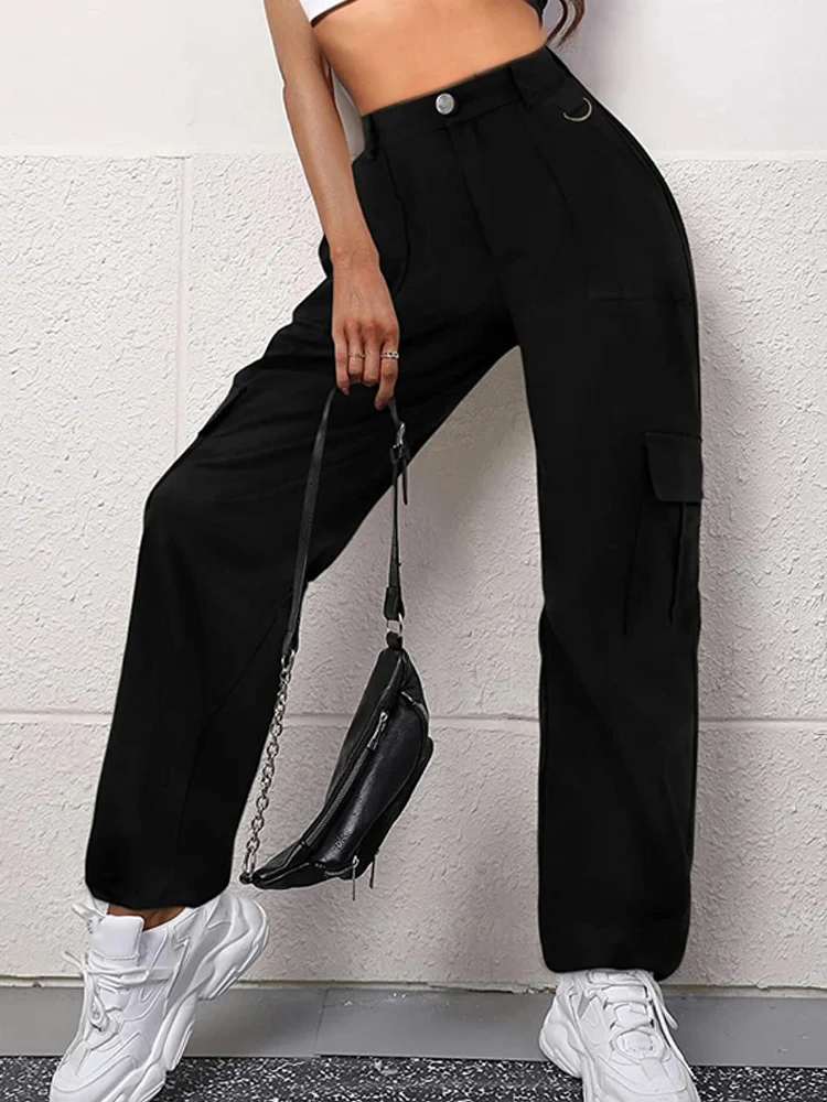 

Vangull Women High Waist Solid Stright Pants Summer New Casual Black Long Pants Female Loose Pocket Simple Trousers