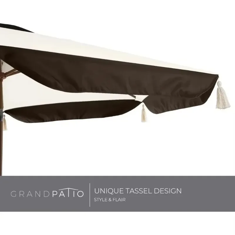

9FT Patio Umbrella with Fringe, Outdoor Tassel Umbrella with Push-Button Tilt for Poolside, Deck, Garden, Beige and Coffee