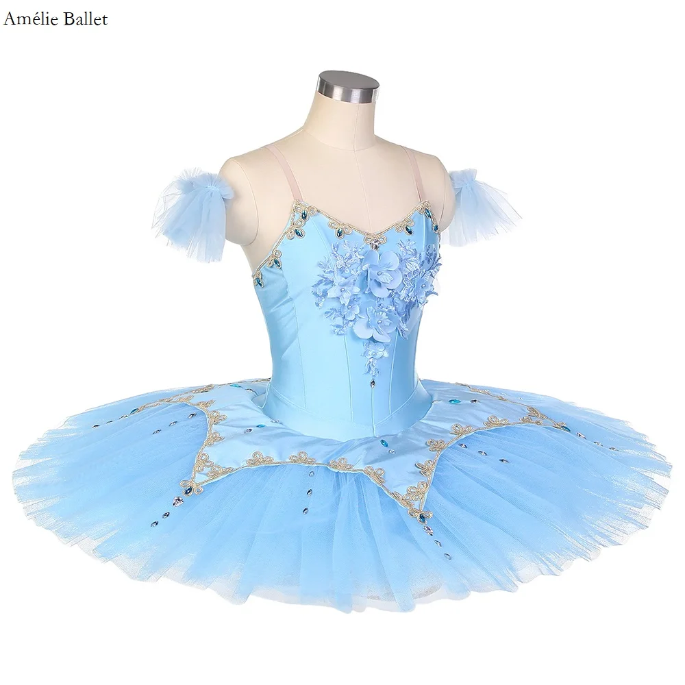 BLL509 Corpetto in spandex blu con gonna tutu pancake in tulle plissettato Ragazze Donne Costumi di performance tutu di balletto pre-professionale