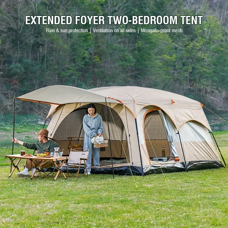 Large Family Camping Tent 3-12P 2-Room Double Layer Waterproof UV Protection With Ventilation Windows Hiking Gear All-Season