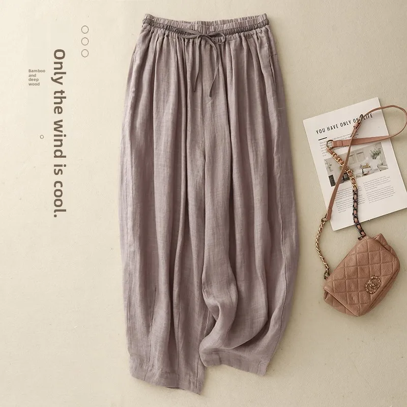 Zomer dunne Harlan damesbroek losse katoenen linnen cargobroek wijde pijpen casual broek dubbellaagse lantaarnbroek