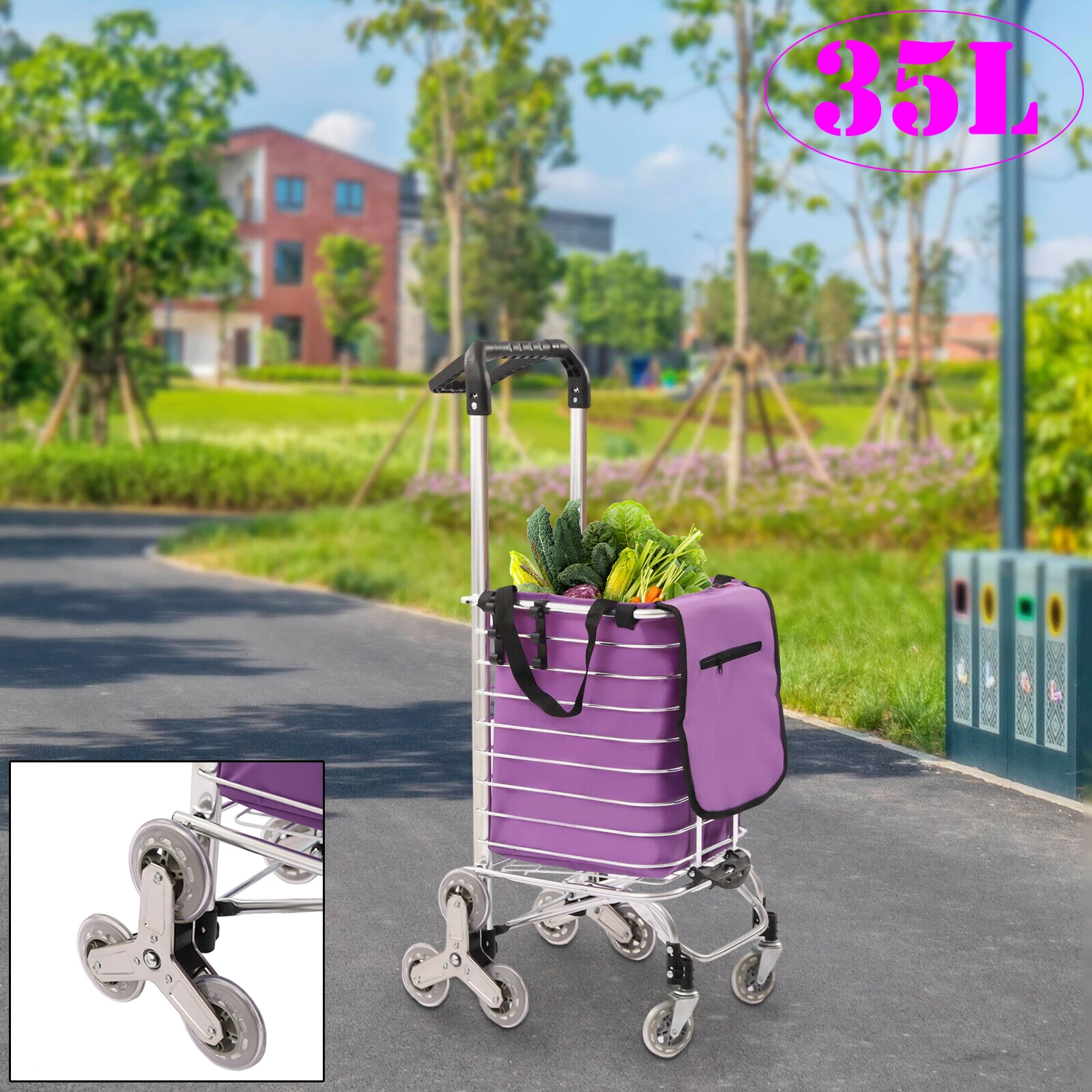 

35L, Folding Shopping Cart with 8 Wheels, Portable Heavy-Duty Grocery Trolley, Stair-Climbing Cart for Markets, Picnics, Moving