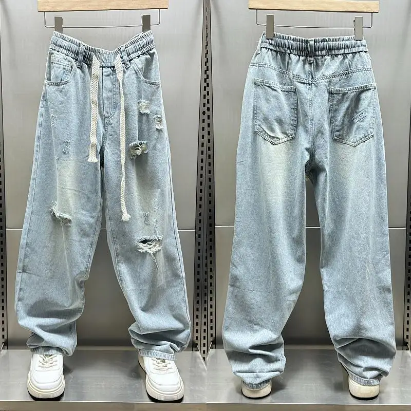 

Summer New 2026 Light Blue Ripped Jeans Men's Trendy High Street Elastic Waist Loose Wide-leg Pants Casual Long Pants