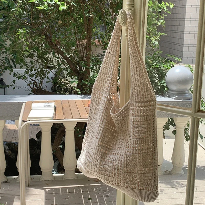 

Simple Crochet Tote Bags Fashion Hollow Knitted Women's Bags Casual Female Shoulder Bags Ladies Shopping Top-Handle Bags Handbag