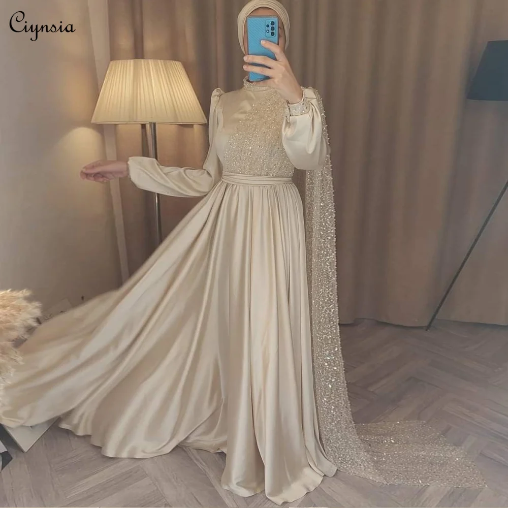 Ciynsia A-Line High Neck Beads Satin Vintage Evening Gown Long Sleeve Modest Robe De Soirée Women Hijab Formal Occasion Dresses